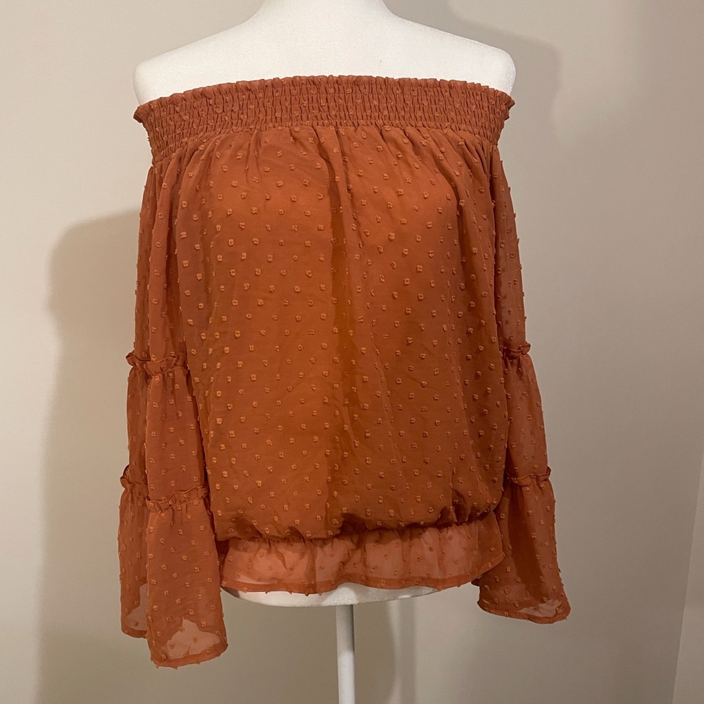 Rust orange Swiss dot off the shoulder blouse